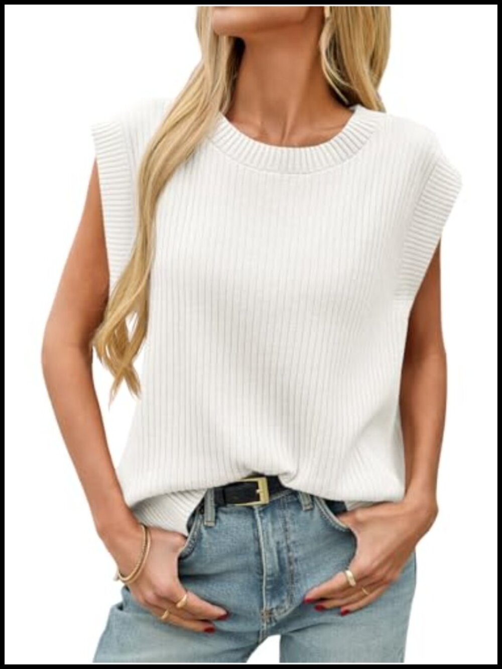 Women's Ribbed Knit Sleeveless Sweater Vest Oversized Loose Crew Neck Pullover